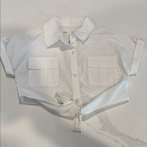 Zara Girls White Cropped Tie-Front Shirt with Patch Pockets